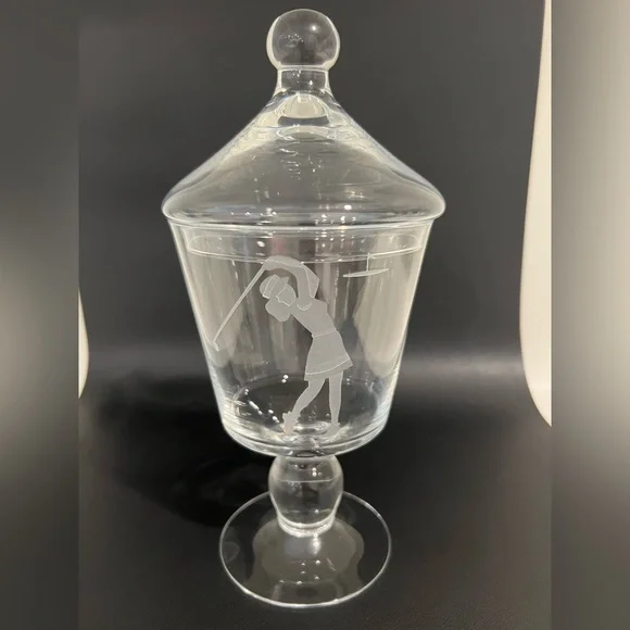 Vintage Woman Playing Golf Etched Art Glass Lidded Apothecary Candy Dish Rare - Picture 6 of 8